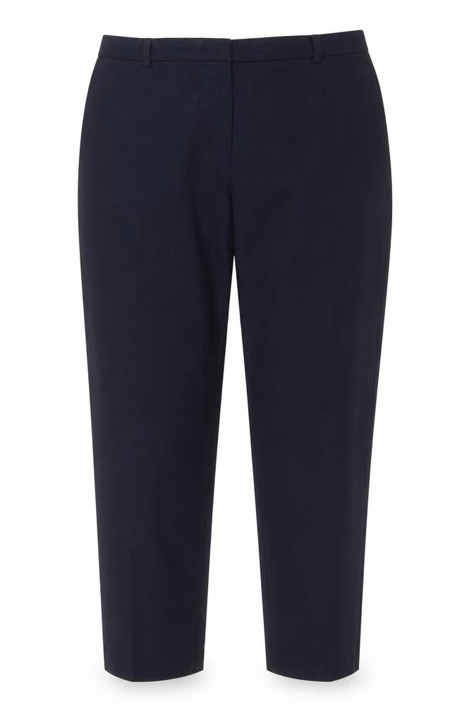 Front view of Marks & Spencer women’s blue argyle/diamond trousers, size UK 16, 30-inch leg
