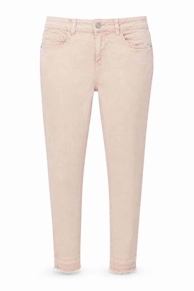 Front view of women’s pink denim skinny jeans, size UK 12, 24-inch leg - distressed hem