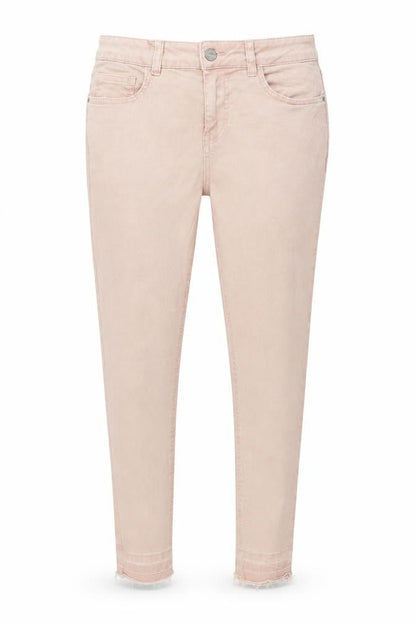 Front view of women’s pink denim skinny jeans, size UK 12, 24-inch leg - distressed hem