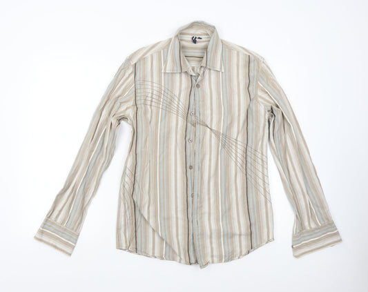 Tom Wolfe Mens Brown Striped   Button-Up Size M