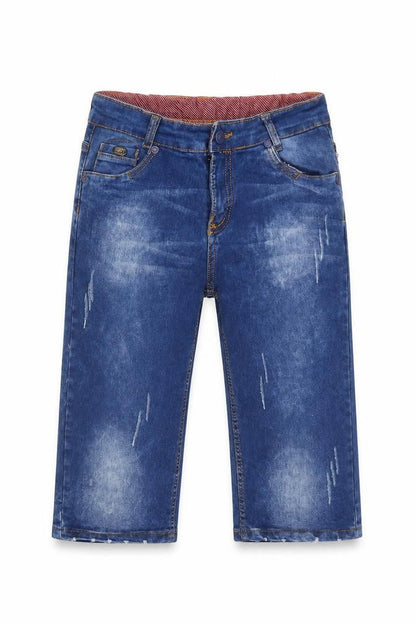 Front view of New Flansh women’s blue denim bermuda shorts, size UK 8