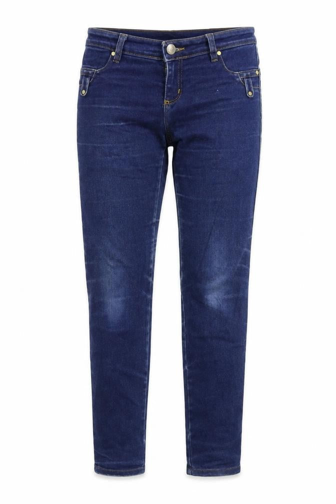 Front view of women’s blue denim skinny jeans, size UK 12, 31-inch leg