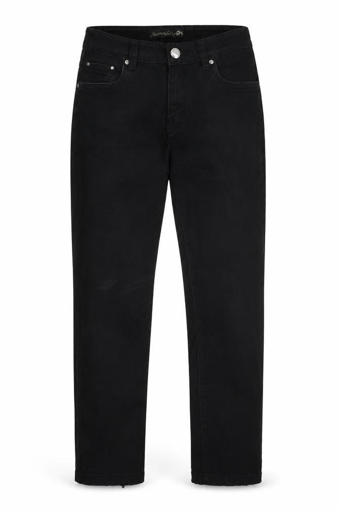 Front view of kaiweishi women’s black straight jeans, size UK 30, 28-inch leg