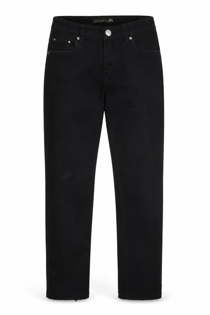 Front view of kaiweishi women’s black straight jeans, size UK 30, 28-inch leg