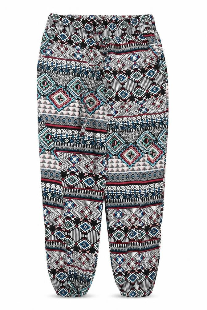 Front view of Kirra women’s black geometric bloomer trousers, size M, 27-inch leg