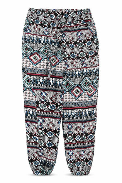 Front view of Kirra women’s black geometric bloomer trousers, size M, 27-inch leg