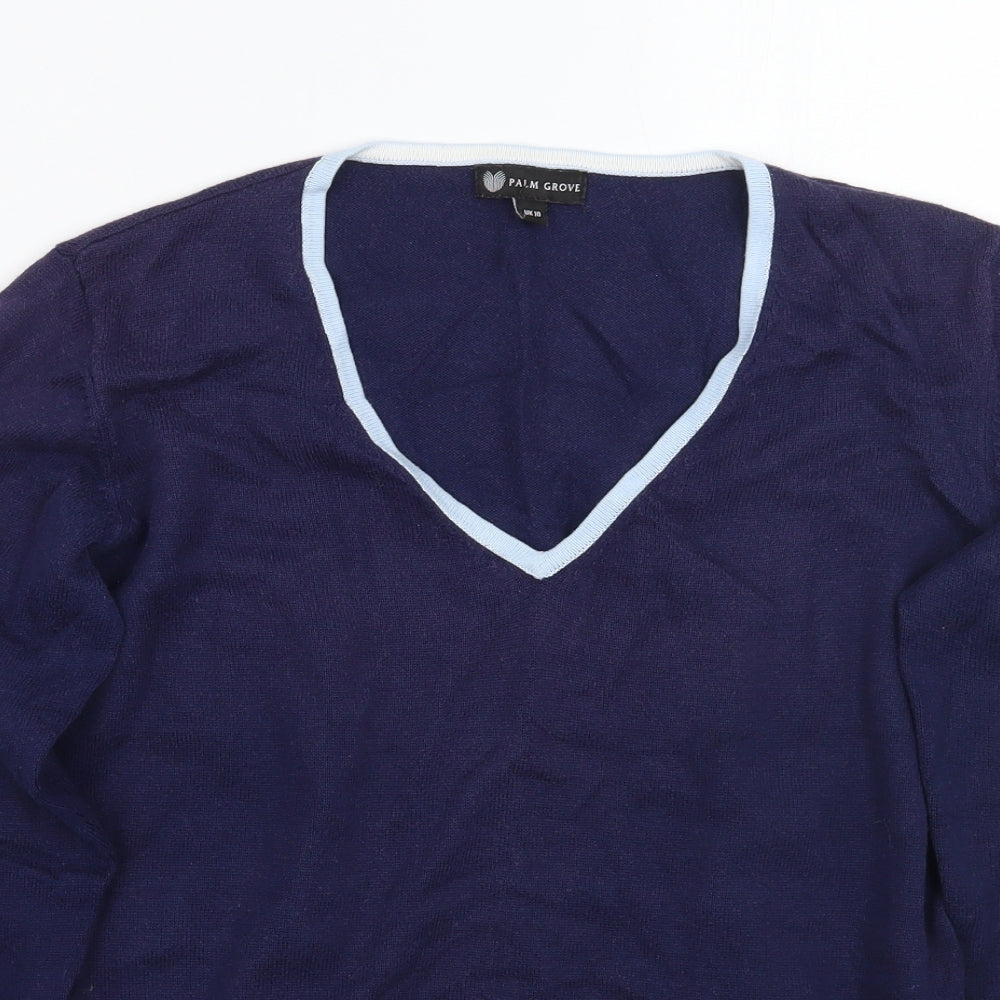 Close-up detail of Palm Grove women’s blue jumper, size UK 10