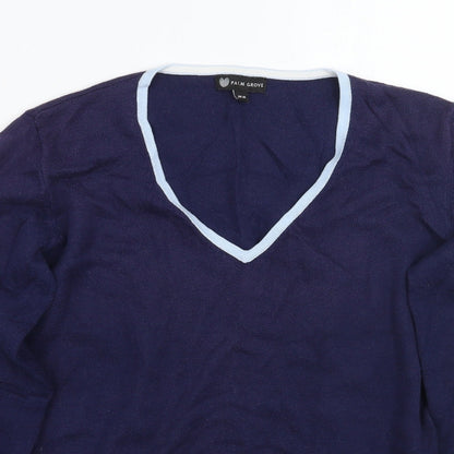 Close-up detail of Palm Grove women’s blue jumper, size UK 10