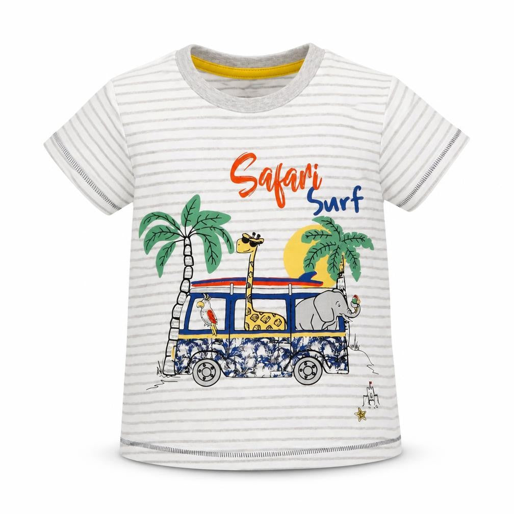 Front view of Matalan boys’ white striped basic t-shirt, size 2-3, years
