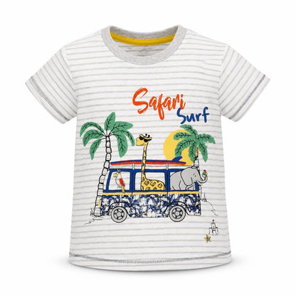 Front view of Matalan boys’ white striped basic t-shirt, size 2-3, years