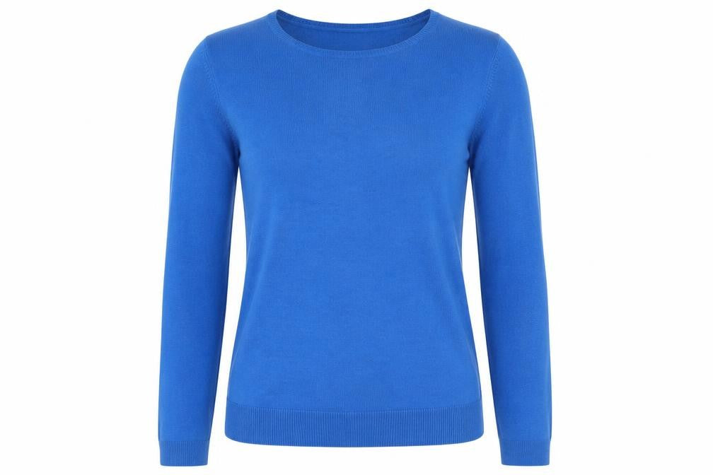 Front view of Love Knitwear women’s blue jumper, size UK 14