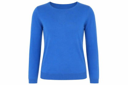 Front view of Love Knitwear women’s blue jumper, size UK 14