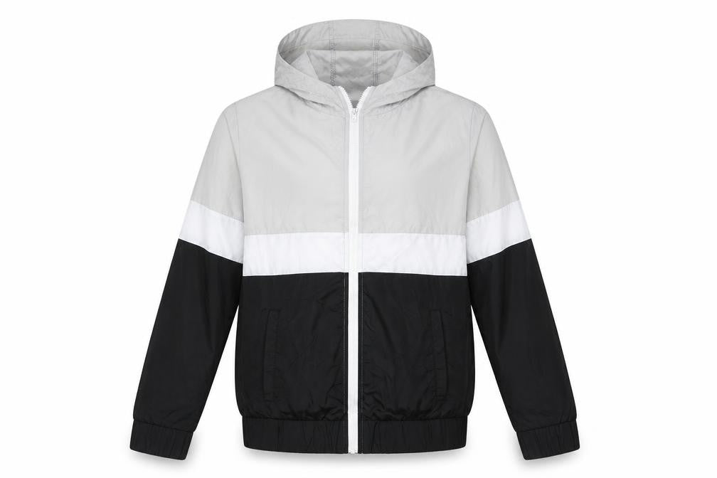 Front view of Sheln men’s black striped windbreaker coat, size S