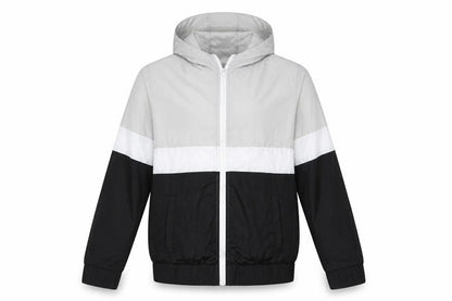 Front view of Sheln men’s black striped windbreaker coat, size S