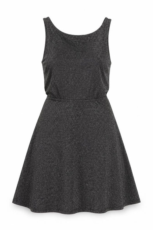 Front view of Divided women’s black fit & flare, size UK 10, - glitter effect deep v back