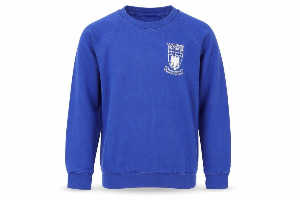 Front view of AWDis boys’ blue pullover sweatshirt, size 7-8, years - lanchester e.p. school