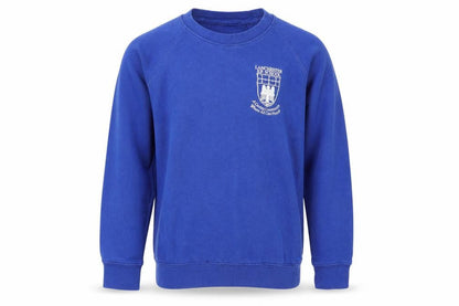 Front view of AWDis boys’ blue pullover sweatshirt, size 7-8, years - lanchester e.p. school
