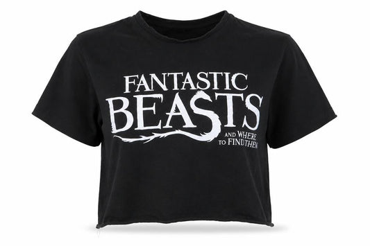 Front view of Fantastic beasts women’s black cropped t-shirt, size S, - fantastic beasts