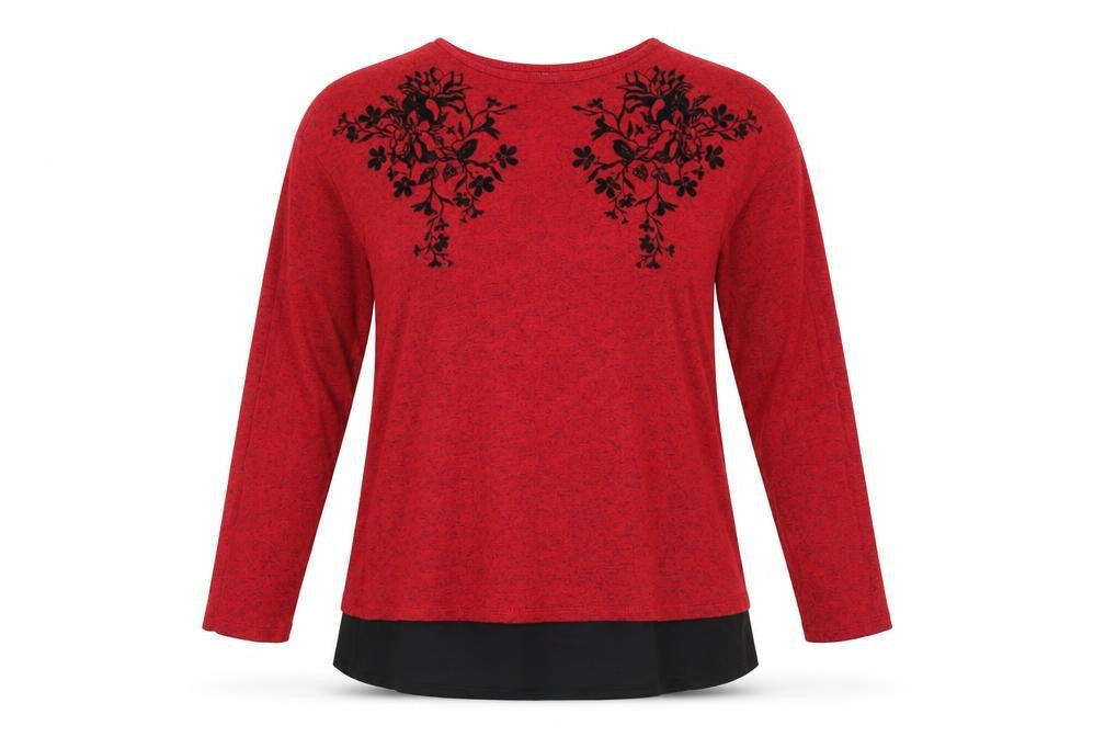 Front view of LC Waikiki women’s red floral basic t-shirt, size M