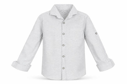 Front view of LC Waikiki boys’ white spotted basic button-up, size 5-6, years