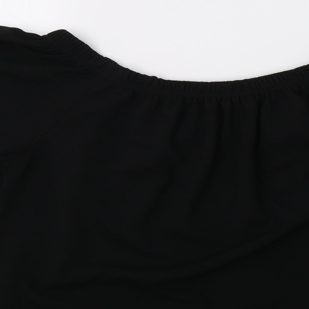 Brand and care label for Glamour Babe women’s black basic blouse, size M