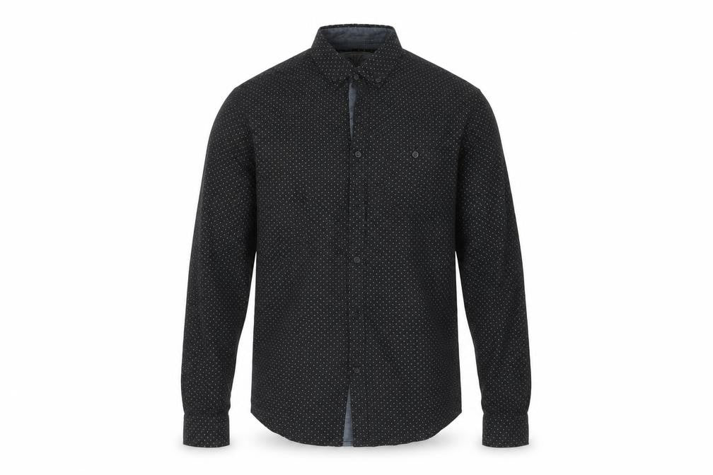 Front view of Brunswick men’s black polka dot dress shirt, size S
