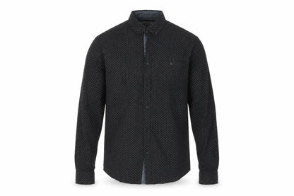 Front view of Brunswick men’s black polka dot dress shirt, size S