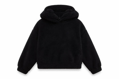 Front view of SHEIN women’s black pullover hoodie, size L