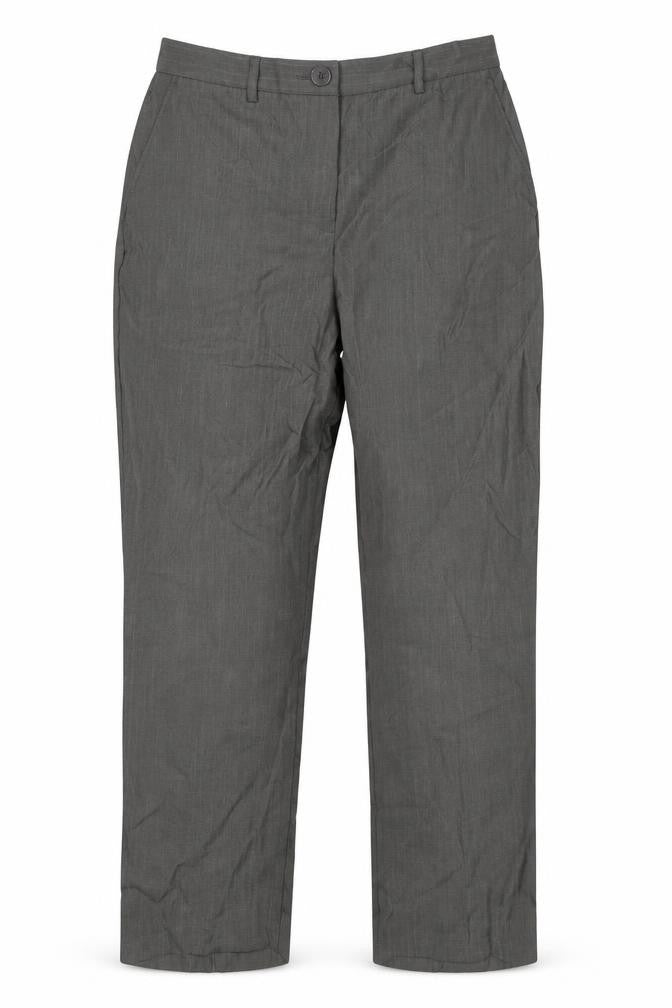 Front view of Marks & Spencer women’s grey striped trousers, size UK 14, 27-inch leg