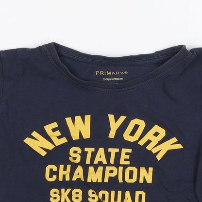 Close-up detail of Primark boys’ blue basic t-shirt, size 2-3, years