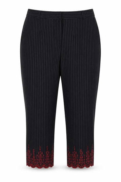 Front view of New Look women’s blue striped trousers, size UK 16, 26-inch leg