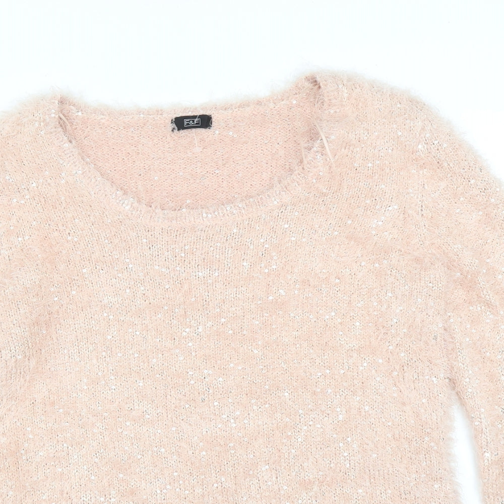 Close-up detail of F&F women’s pink pullover sweatshirt, size UK 14