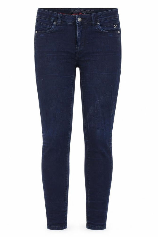 Front view of Lemmi women’s blue denim tapered jeans, size UK 28, in, 31-inch leg