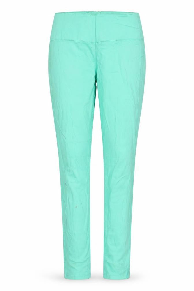 Front view of Pieces women’s green denim tapered jeans, size UK 28, in, 31-inch leg