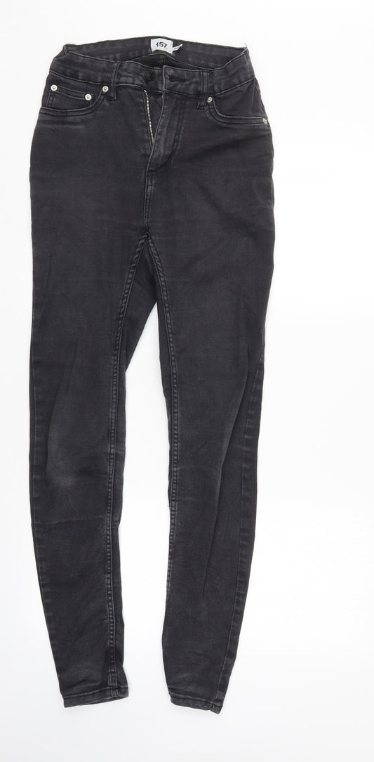 Front view of 157 women’s black denim skinny jeans, size S, 31-inch leg