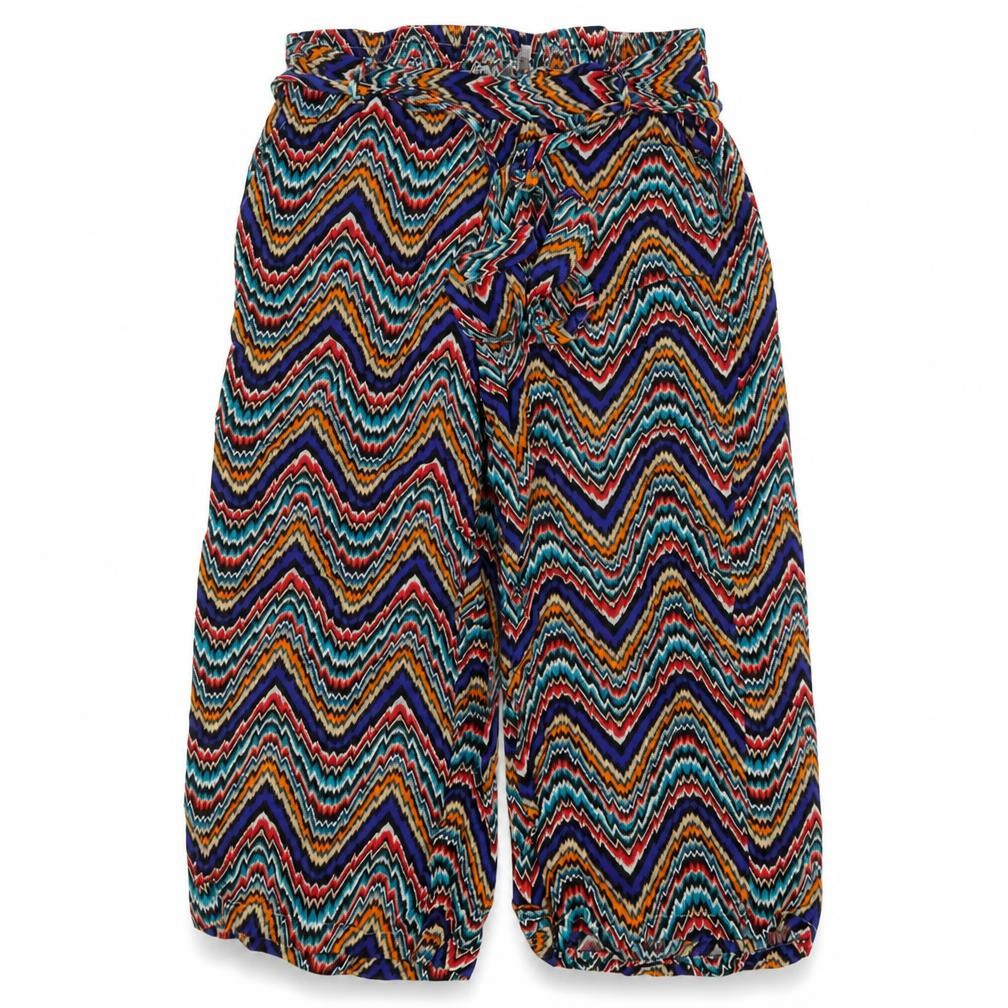 Front view of Pep&Co women’s multicoloured striped bloomer trousers, size UK 10, 20-inch leg