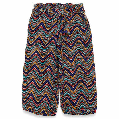 Front view of Pep&Co women’s multicoloured striped bloomer trousers, size UK 10, 20-inch leg