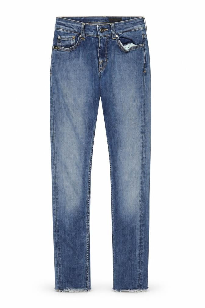 Front view of women’s blue denim skinny jeans, size UK 27, in, 30-inch leg