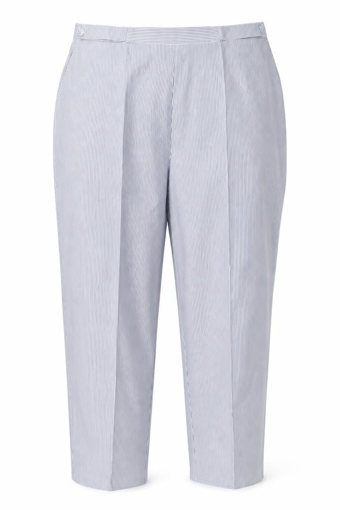 Front view of Bonmarché women’s grey striped trousers, size UK 20, 27-inch leg