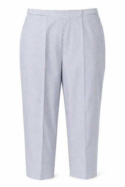 Front view of Bonmarché women’s grey striped trousers, size UK 20, 27-inch leg