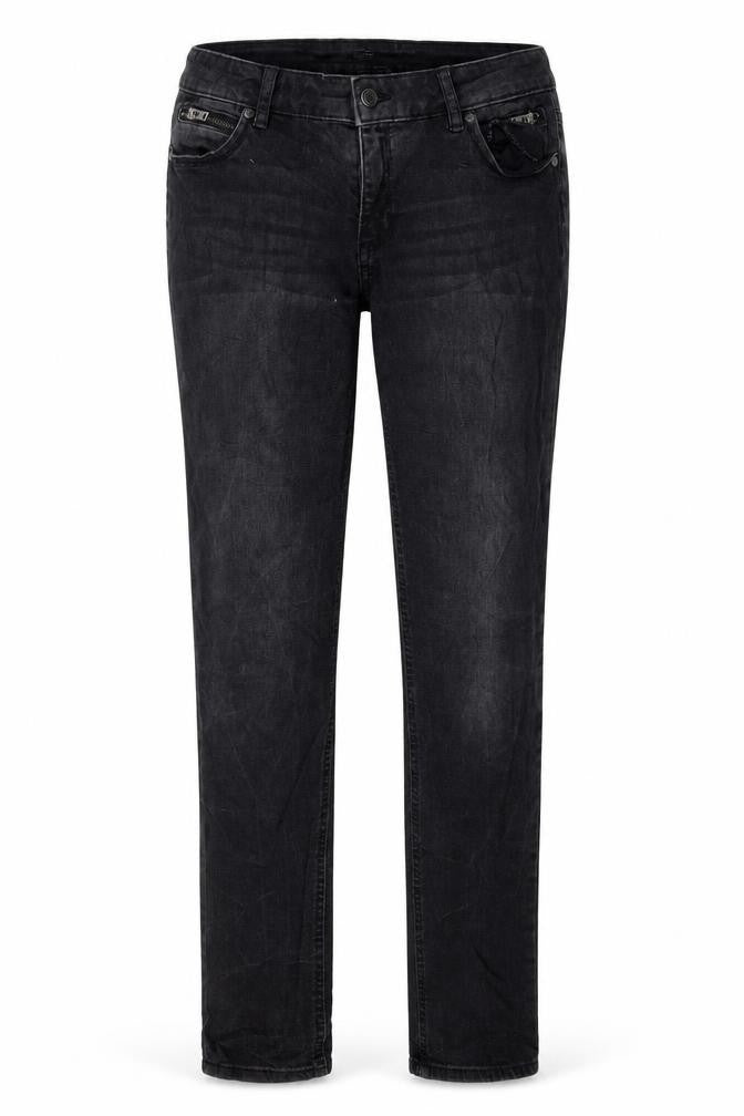 Front view of women’s black denim skinny jeans, size UK 30, 32-inch leg
