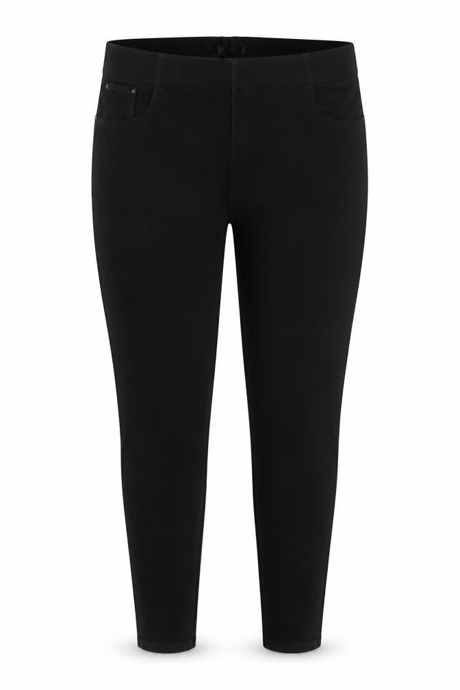 Front view of women’s black denim jegging jeans, size XL, 28-inch leg