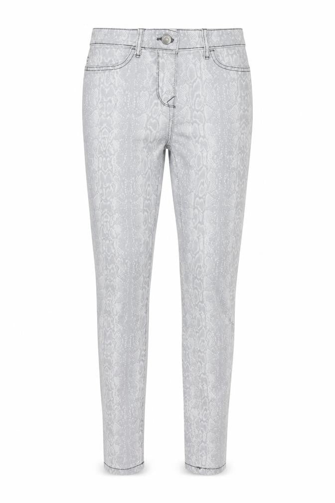 Front view of Blue Motion women’s grey animal print denim skinny jeans, size UK 8, 32-inch leg - snake print