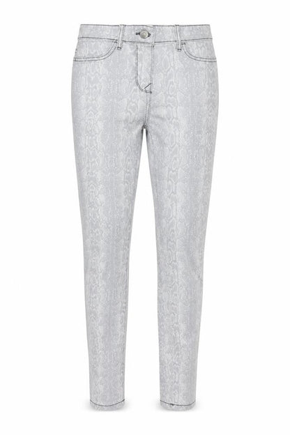 Front view of Blue Motion women’s grey animal print denim skinny jeans, size UK 8, 32-inch leg - snake print