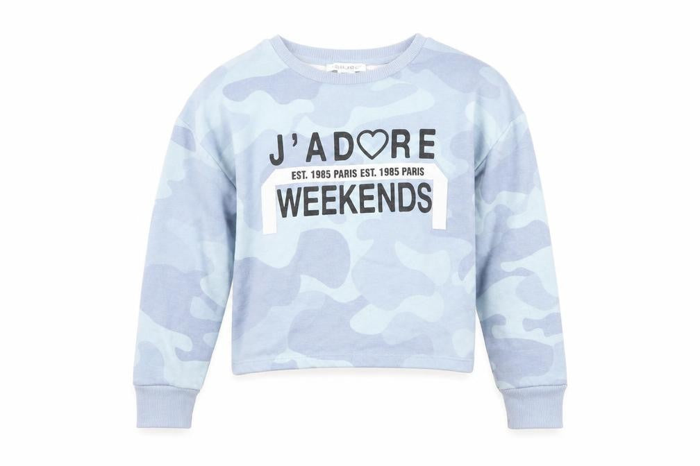 Front view of Primark girls’ blue camouflage pullover sweatshirt, size 9-10, years - cropped, j'adore weekends