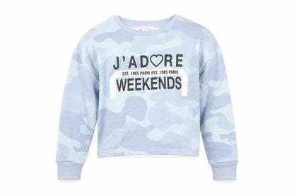 Front view of Primark girls’ blue camouflage pullover sweatshirt, size 9-10, years - cropped, j'adore weekends