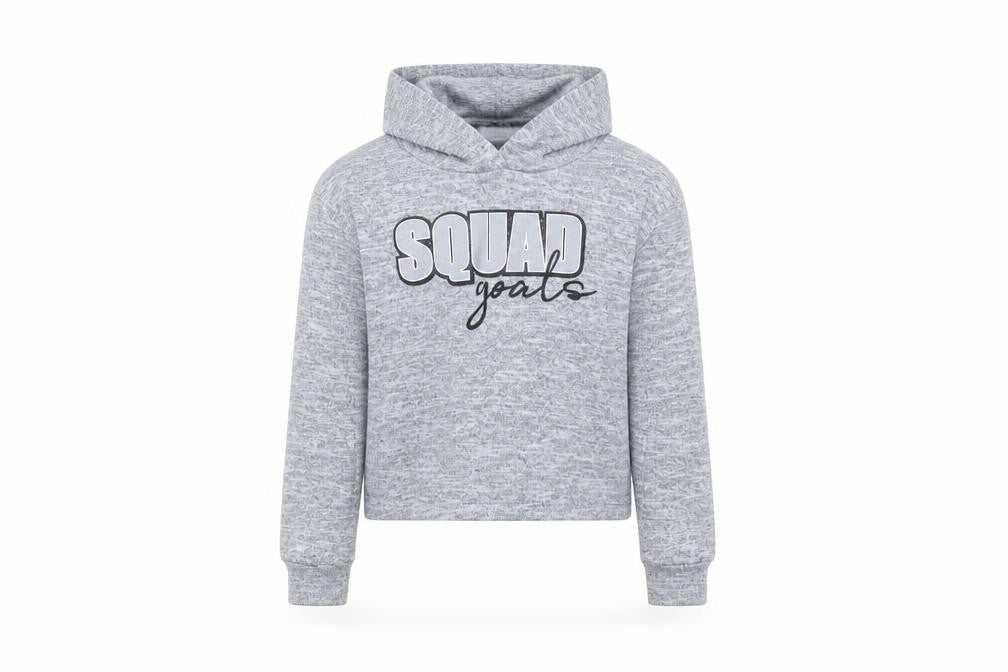 Front view of Very girls’ grey pullover hoodie, size 9, years - squad goals