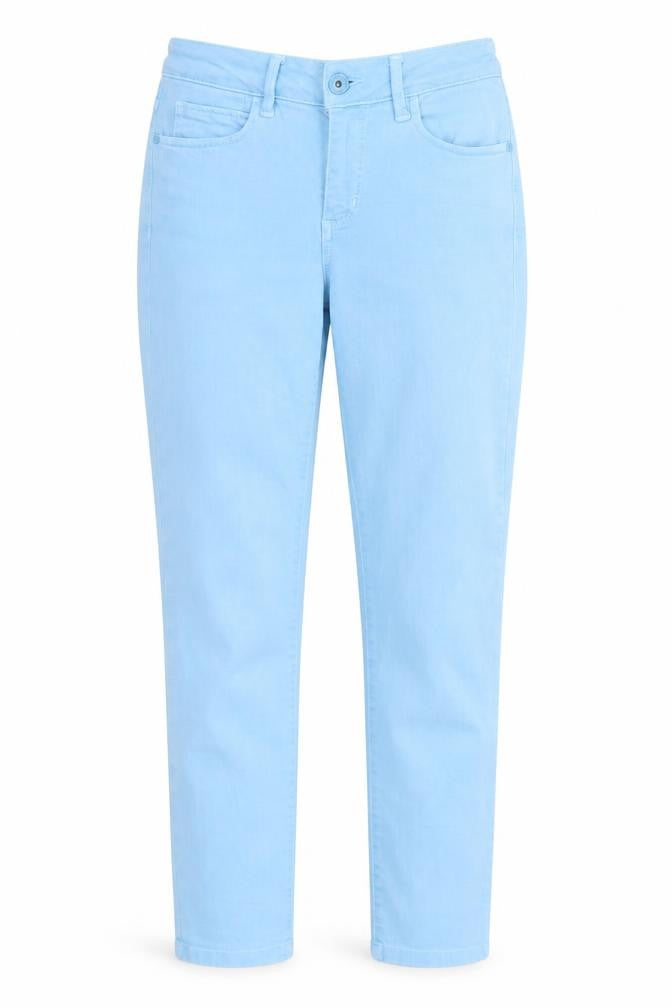 Front view of women’s blue denim skinny jeans, size UK 8, 28-inch leg