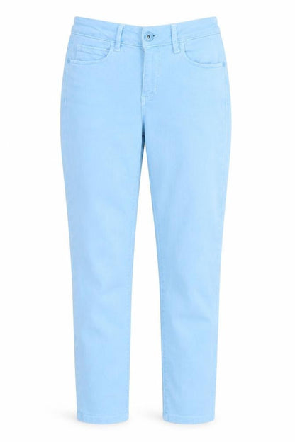 Front view of women’s blue denim skinny jeans, size UK 8, 28-inch leg