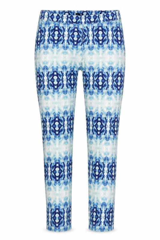 Front view of H&M women’s blue geometric denim jegging jeans, size UK 10, 26-inch leg